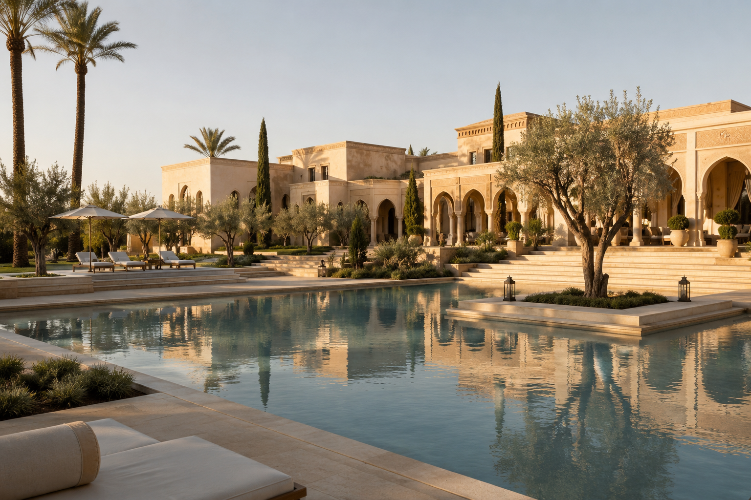 An expansive private Marrakech villa with a pool, pale stone architecture and mature greenery