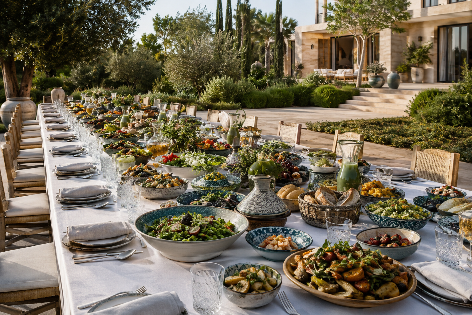 A generous private-chef table filled with fresh salads, vegetables, fruit, breads and sharing dishes